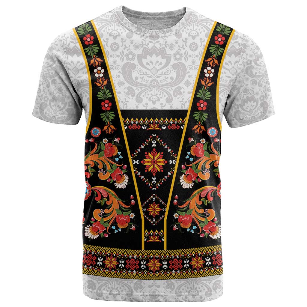 Norwegian Female Bunad T-Shirt with Rosemaling Folk Art Black Color Graphic Tee