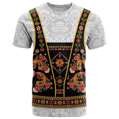 Norwegian Female Bunad T-Shirt with Rosemaling Folk Art Black Color Graphic Tee