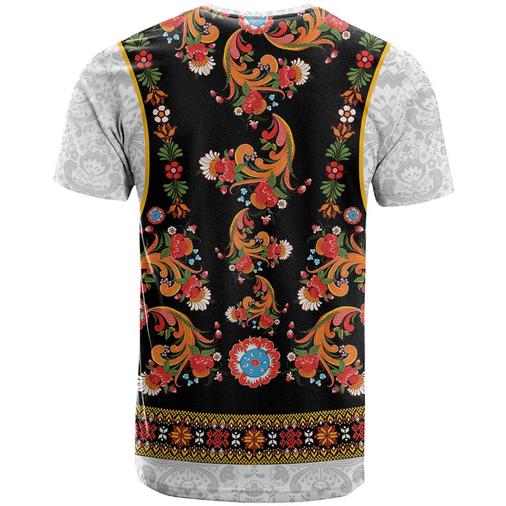 Norwegian Female Bunad T-Shirt with Rosemaling Folk Art Black Color Graphic Tee
