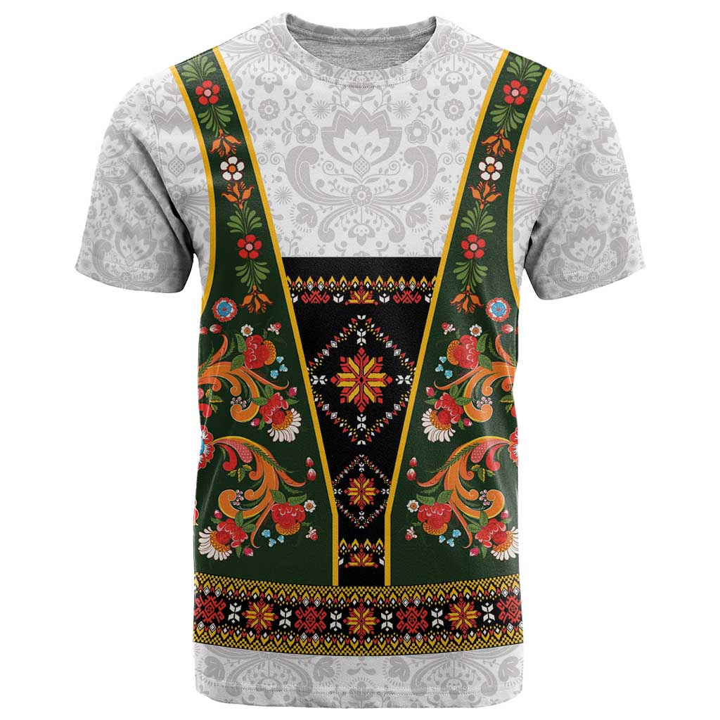 Norwegian Female Bunad T-Shirt with Rosemaling Folk Art Green Color Graphic Tee