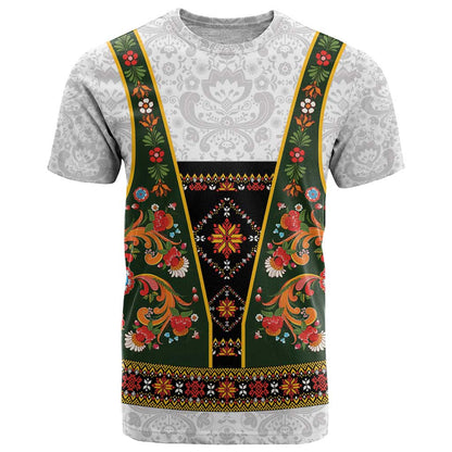 Norwegian Female Bunad T-Shirt with Rosemaling Folk Art Green Color Graphic Tee