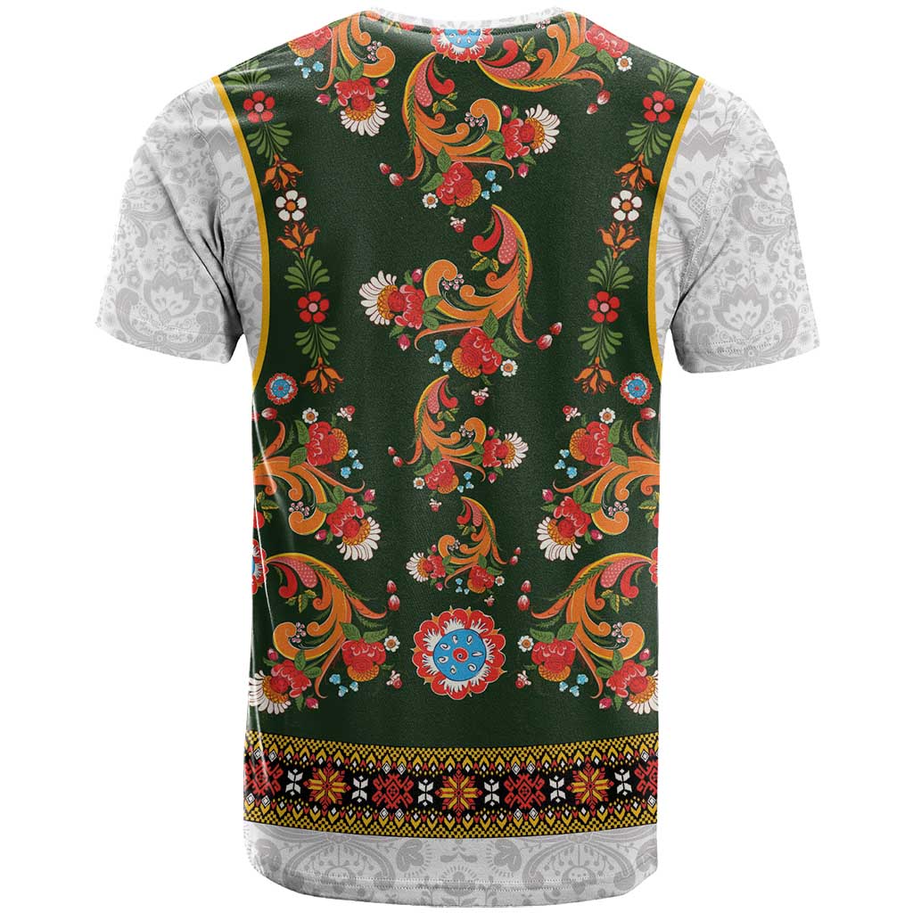 Norwegian Female Bunad T-Shirt with Rosemaling Folk Art Green Color Graphic Tee