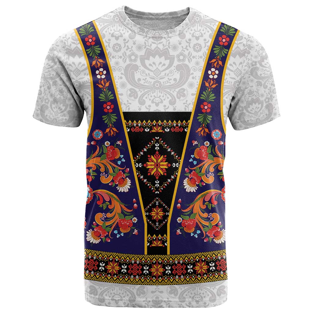Norwegian Female Bunad T-Shirt with Rosemaling Folk Art Navy Color Graphic Tee