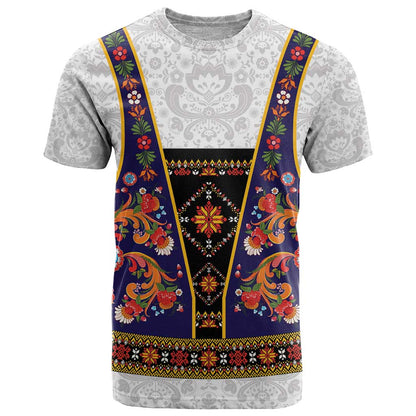 Norwegian Female Bunad T-Shirt with Rosemaling Folk Art Navy Color Graphic Tee