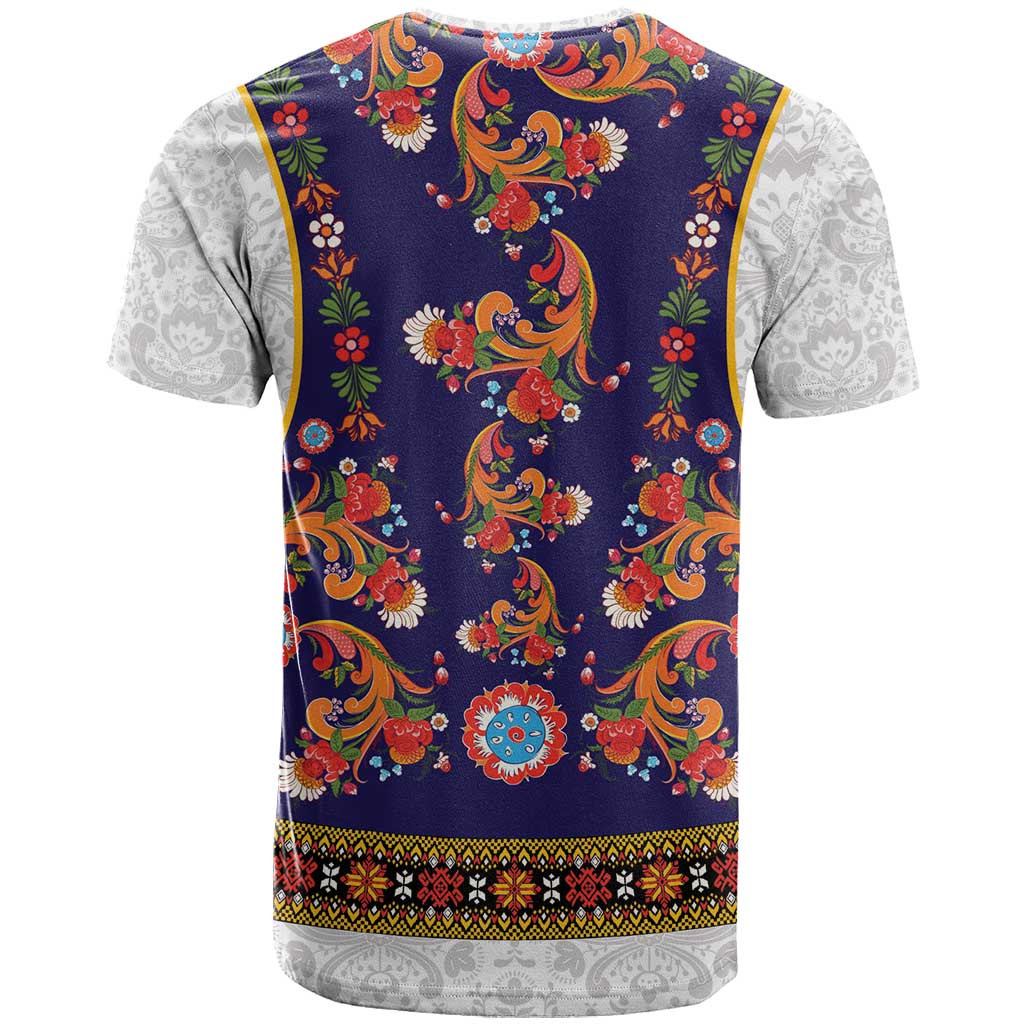 Norwegian Female Bunad T-Shirt with Rosemaling Folk Art Navy Color Graphic Tee