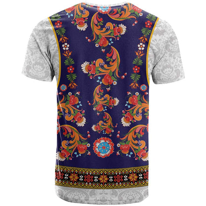 Norwegian Female Bunad T-Shirt with Rosemaling Folk Art Navy Color Graphic Tee