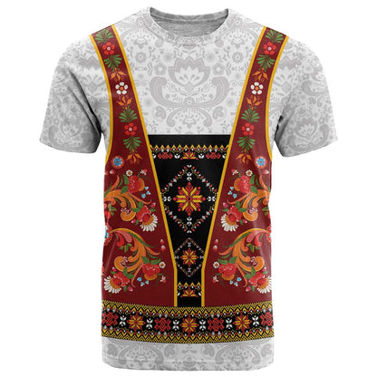 Norwegian Female Bunad T-Shirt with Rosemaling Folk Art Red Color Graphic Tee