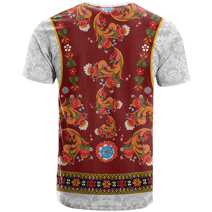 Norwegian Female Bunad T-Shirt with Rosemaling Folk Art Red Color Graphic Tee