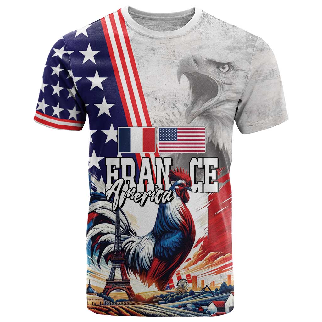 French-American Heritage Month T-Shirt National Flags Style with Rooster and Bald Eagle Graphic Tee