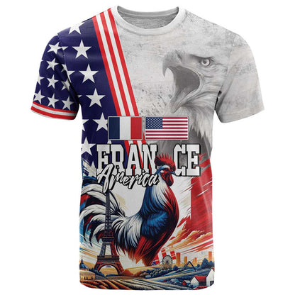 French-American Heritage Month T-Shirt National Flags Style with Rooster and Bald Eagle Graphic Tee