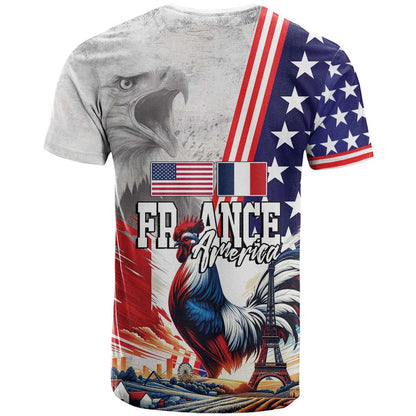 French-American Heritage Month T-Shirt National Flags Style with Rooster and Bald Eagle Graphic Tee