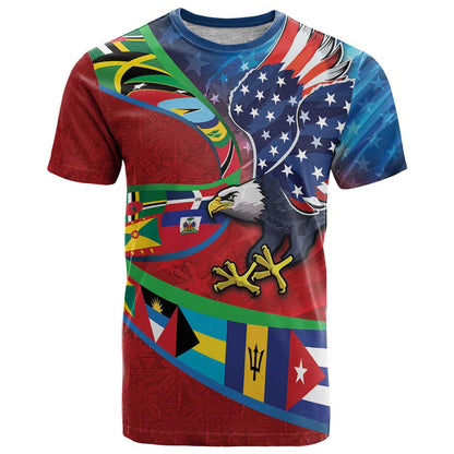 Caribbean-American Heritage Month T-Shirt National Flags Ribbon Wave Style with US Flag Eagle Graphic Tee