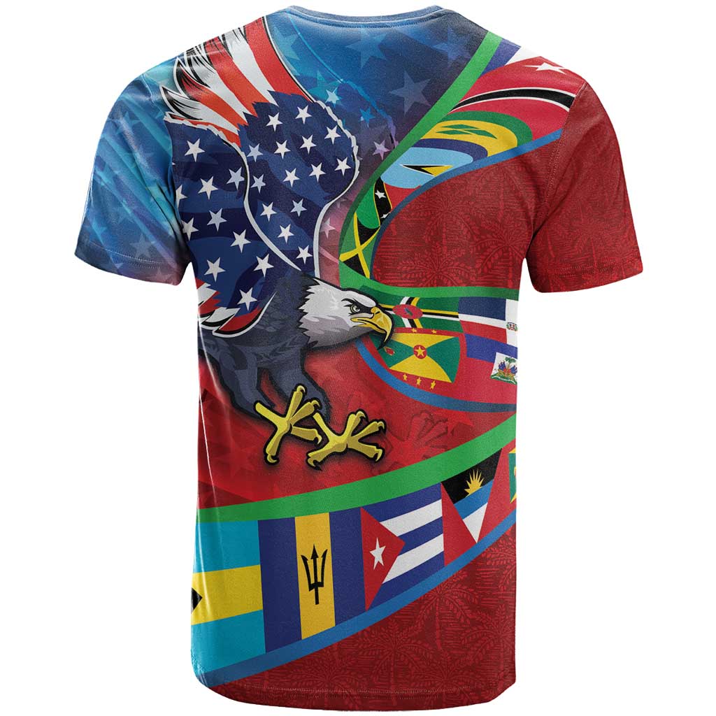 Caribbean-American Heritage Month T-Shirt National Flags Ribbon Wave Style with US Flag Eagle Graphic Tee