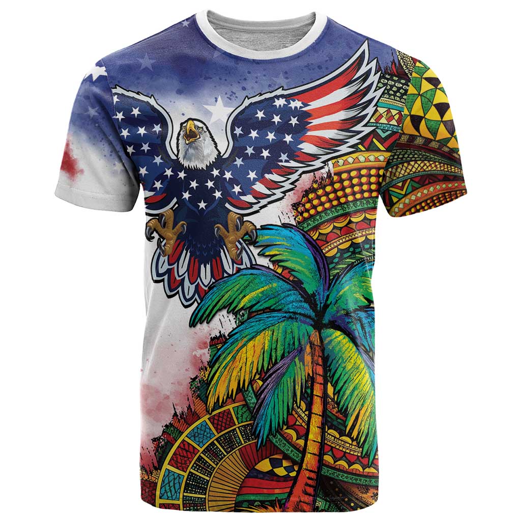 Caribbean American Together T-Shirt USA Flag Eagle and Coloful Palm Tree Graphic Tee