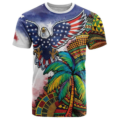 Caribbean American Together T-Shirt USA Flag Eagle and Coloful Palm Tree Graphic Tee