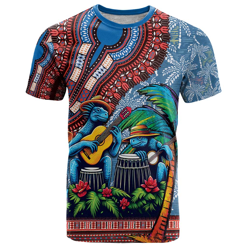 Afro-Caribbean T-Shirt African Dashiki Style with Caribbean Music with Blue Iguanas Graphic Tee
