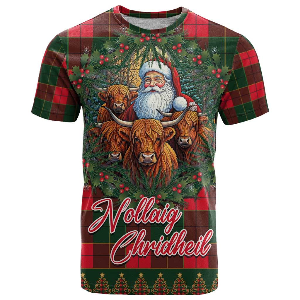 Santa and Higland Cows Scottish Christmas T-Shirt Tartan Pattern Graphic Tee