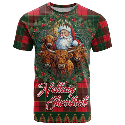 Santa and Higland Cows Scottish Christmas T-Shirt Tartan Pattern Graphic Tee