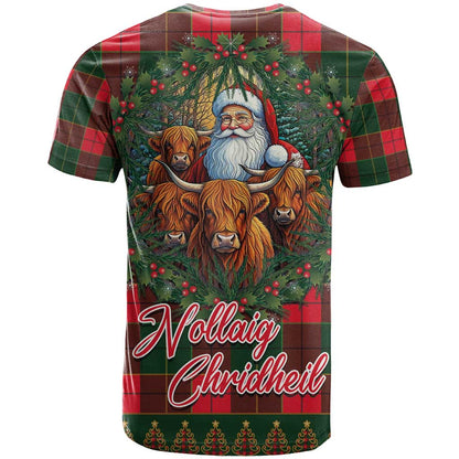 Santa and Higland Cows Scottish Christmas T-Shirt Tartan Pattern Graphic Tee