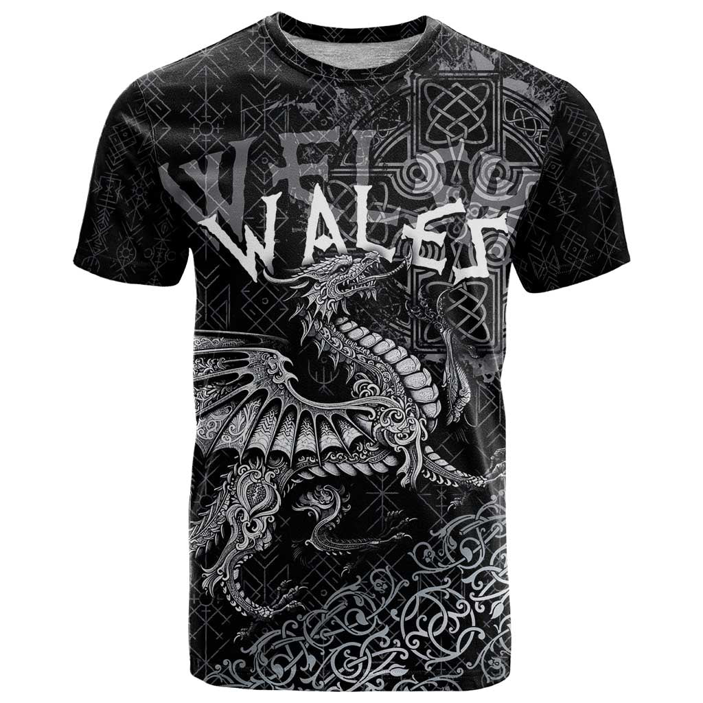 Welsh Celtic Culture T-Shirt Wales Y Ddraig Goch with Runes Symbols Graphic Tee