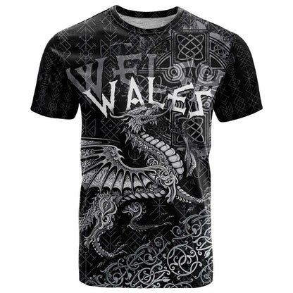 Welsh Celtic Culture T-Shirt Wales Y Ddraig Goch with Runes Symbols Graphic Tee