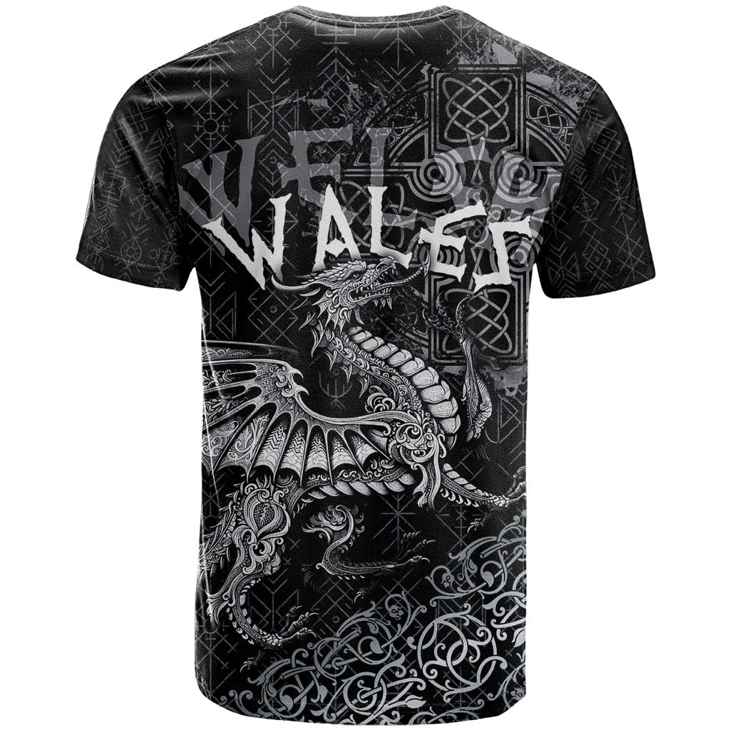 Welsh Celtic Culture T-Shirt Wales Y Ddraig Goch with Runes Symbols Graphic Tee