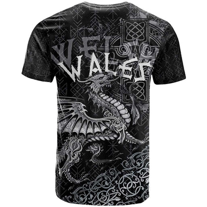 Welsh Celtic Culture T-Shirt Wales Y Ddraig Goch with Runes Symbols Graphic Tee