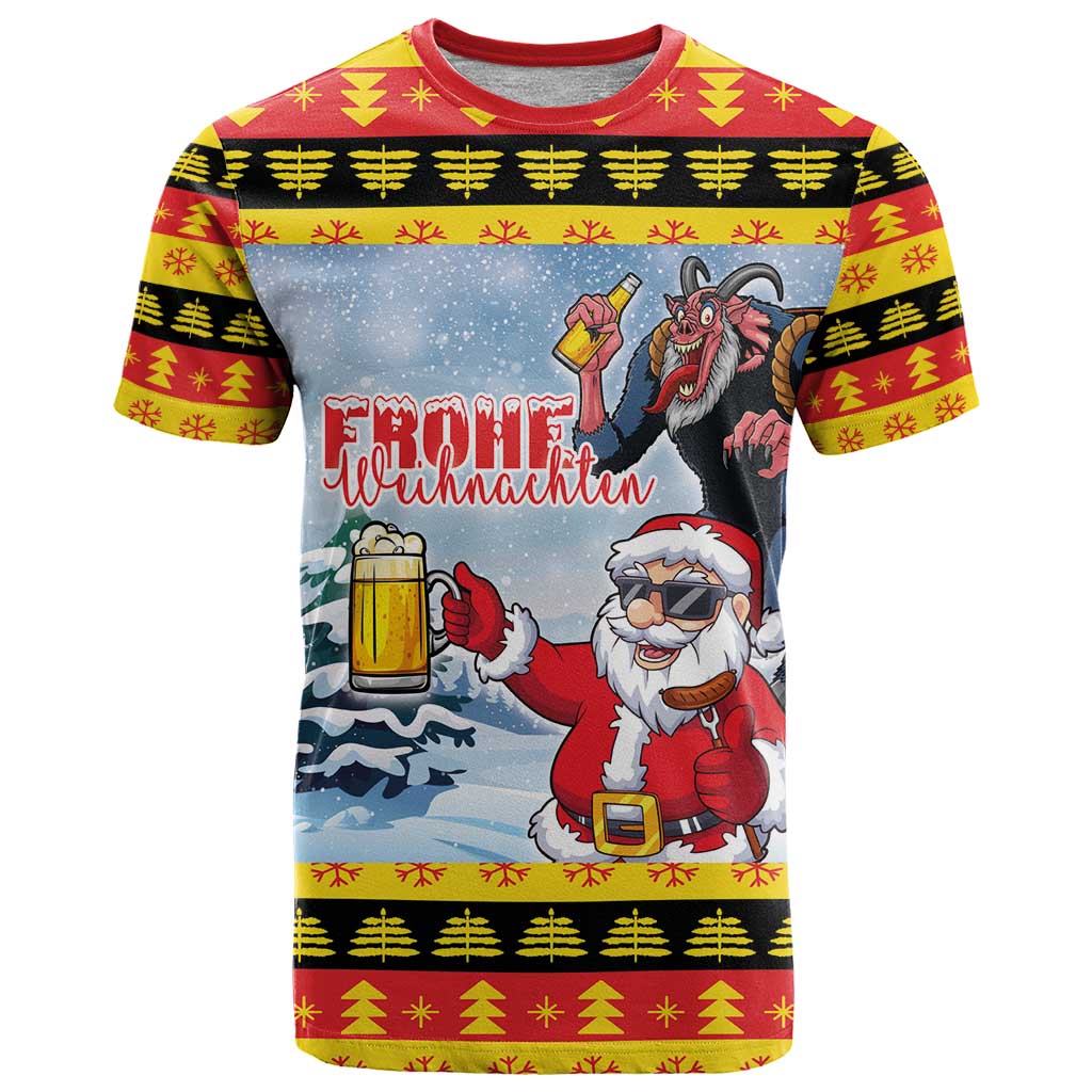 Deutschland Frohe Weihnachten T-Shirt Funny Der Weihnachtsmann and Krampus Drink Beer Together Graphic Tee