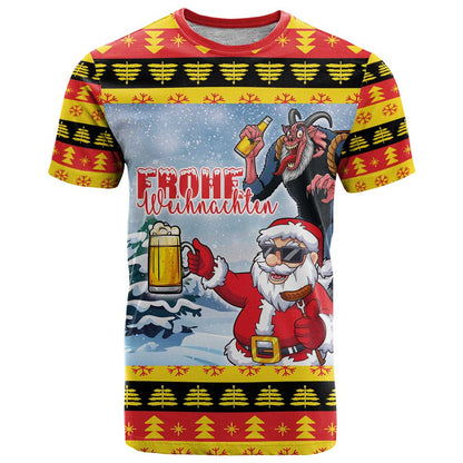 Deutschland Frohe Weihnachten T-Shirt Funny Der Weihnachtsmann and Krampus Drink Beer Together Graphic Tee