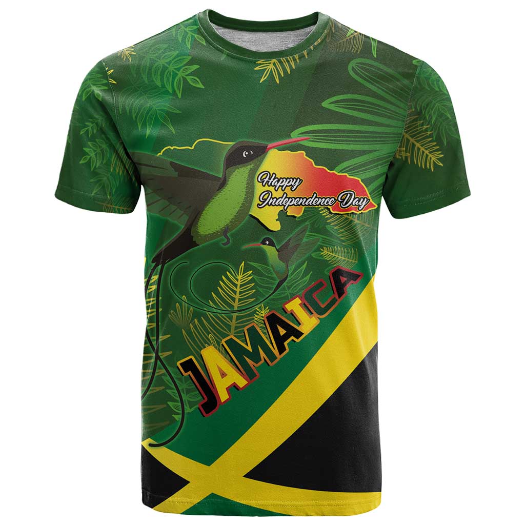 Jamaica Independence Day T-Shirt Swallow-tail Hummingbird Tropical Plants and National Flag Graphic Tee