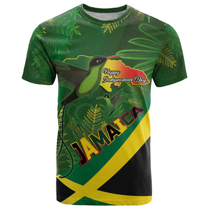 Jamaica Independence Day T-Shirt Swallow-tail Hummingbird Tropical Plants and National Flag Graphic Tee