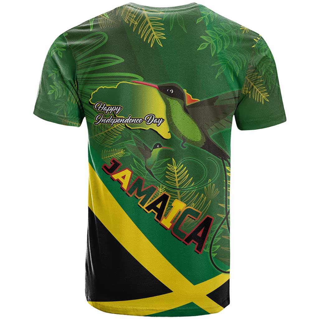 Jamaica Independence Day T-Shirt Swallow-tail Hummingbird Tropical Plants and National Flag Graphic Tee
