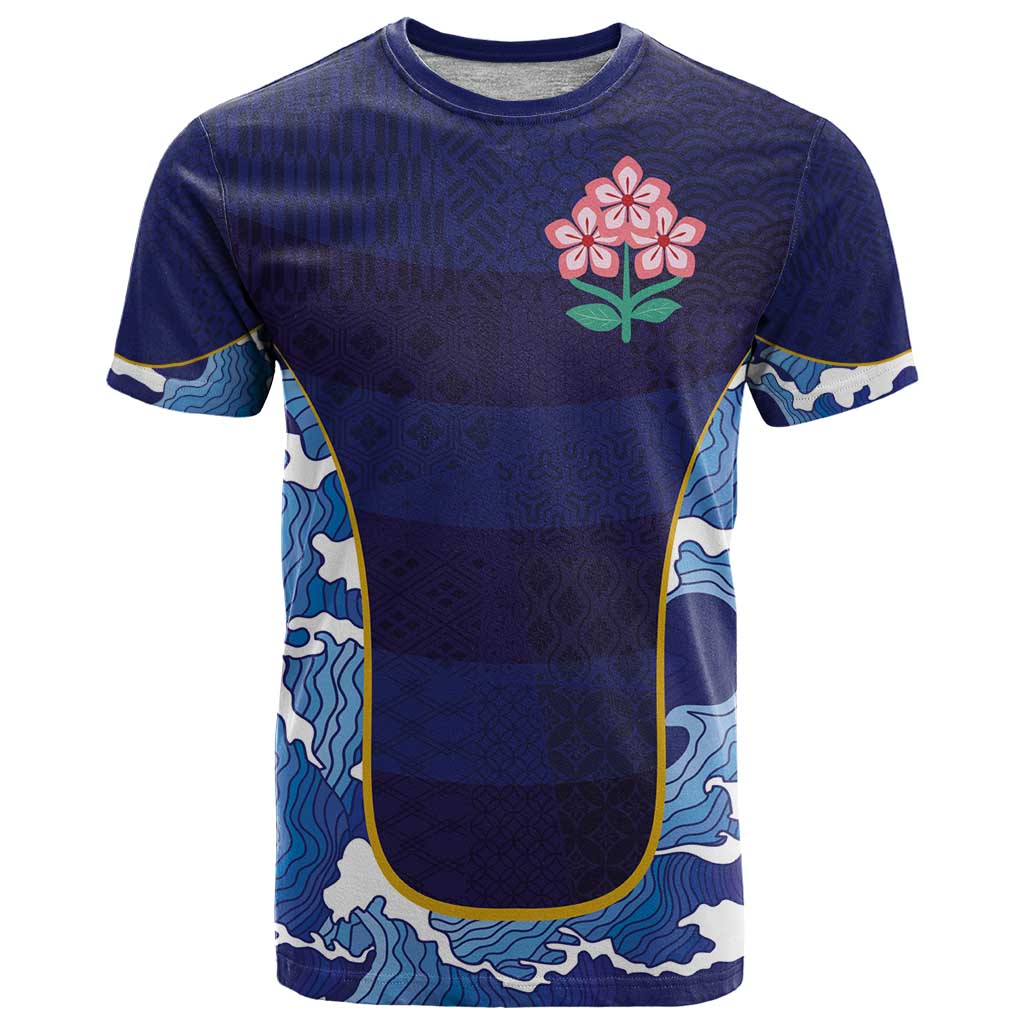 Custom Japan Pacific Rugby 2024 T-Shirt Japanese Traditional Pattern and Sea Waves Graphic Tee