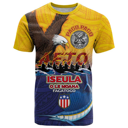 American Samoa Fautasi T-Shirt Bald Eage and Sailfish with Kakau Motifs Graphic Tee