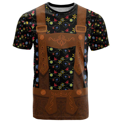 Traditional German Costume - Lederhosen T-Shirt Folk Floral Pattern Style Graphic Tee