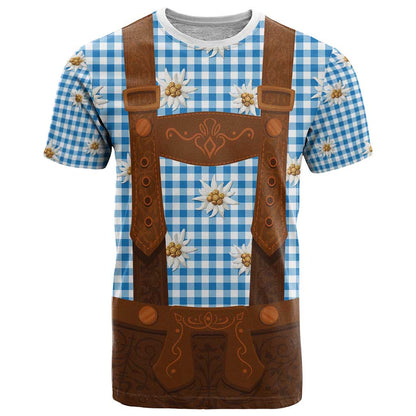 Traditional German Costume - Lederhosen T-Shirt Blue Plaid Pattern with Edelweiss Flowers Graphic Tee