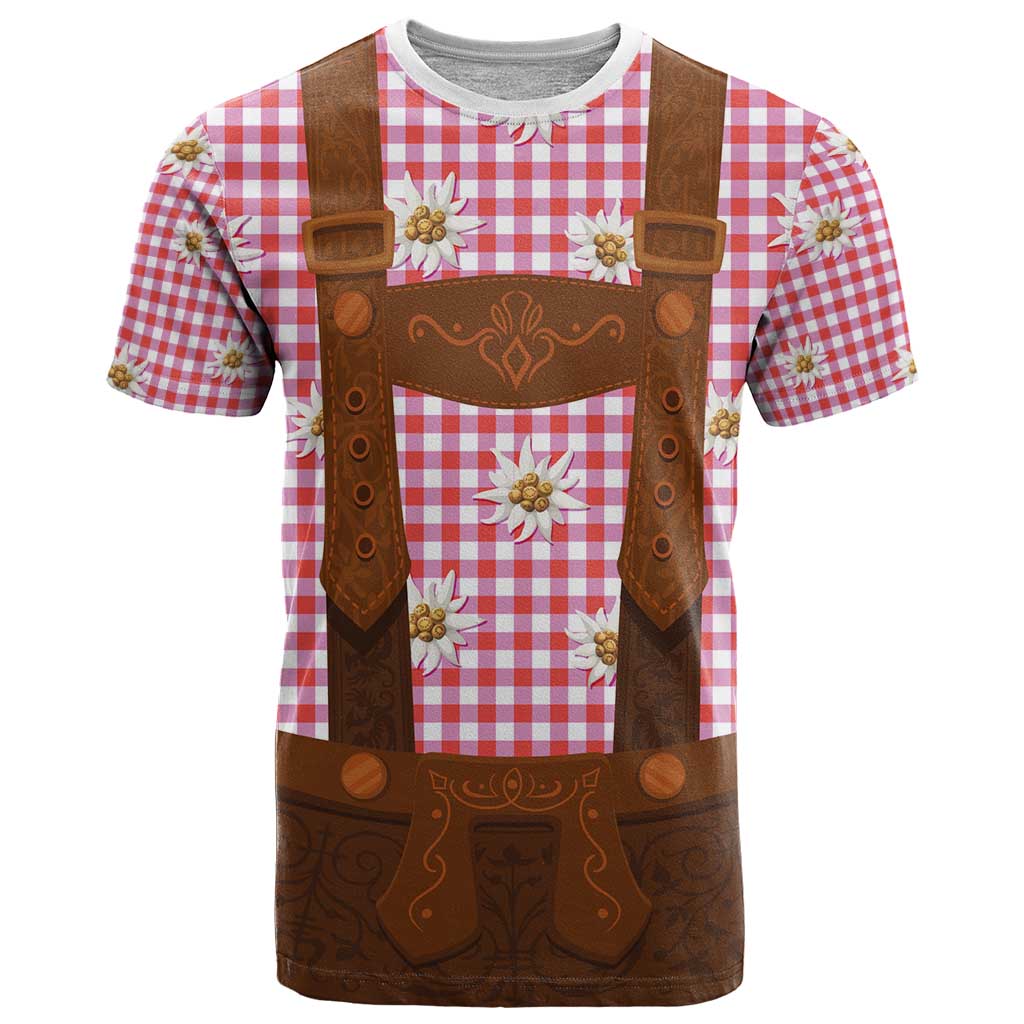 Traditional German Costume - Lederhosen T-Shirt Red Plaid Pattern with Edelweiss Flowers Graphic Tee