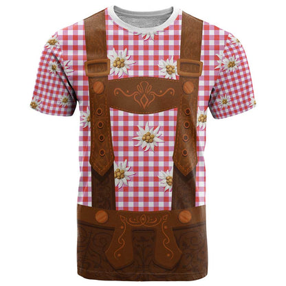 Traditional German Costume - Lederhosen T-Shirt Red Plaid Pattern with Edelweiss Flowers Graphic Tee