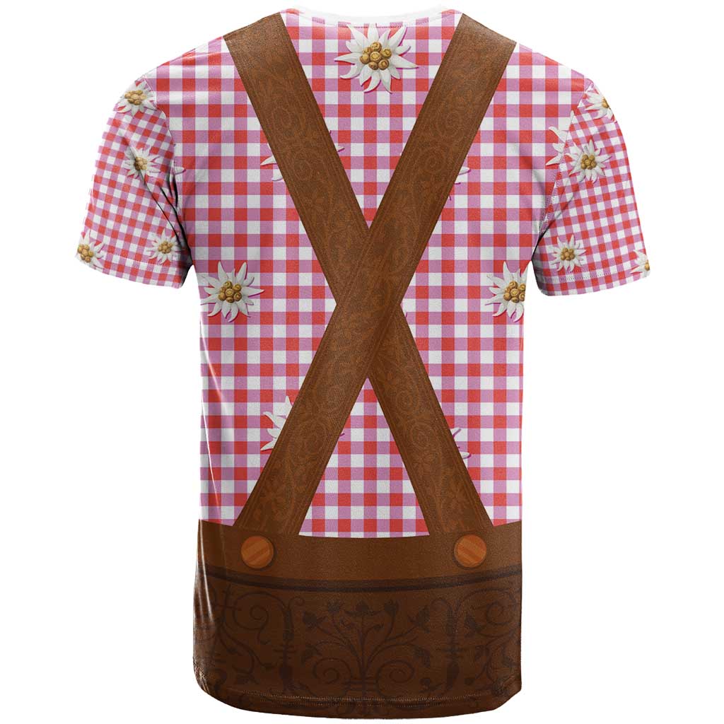 Traditional German Costume - Lederhosen T-Shirt Red Plaid Pattern with Edelweiss Flowers Graphic Tee