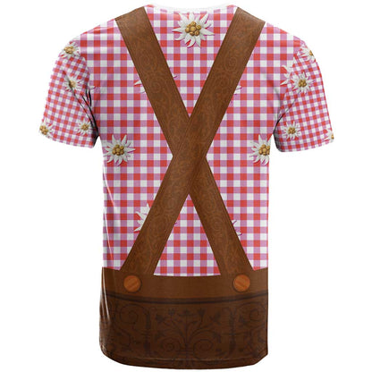 Traditional German Costume - Lederhosen T-Shirt Red Plaid Pattern with Edelweiss Flowers Graphic Tee