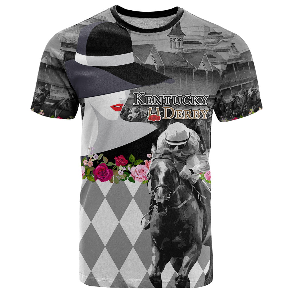 Kentucky Racing Horses Derby Hat Lady T-Shirt Churchill Downs and Roses Grayscale Graphic Tee