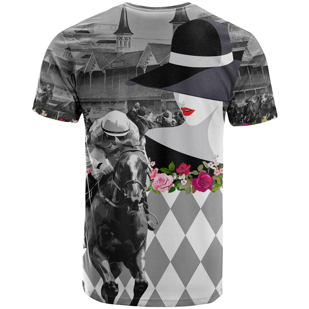 Kentucky Racing Horses Derby Hat Lady T-Shirt Churchill Downs and Roses Grayscale Graphic Tee