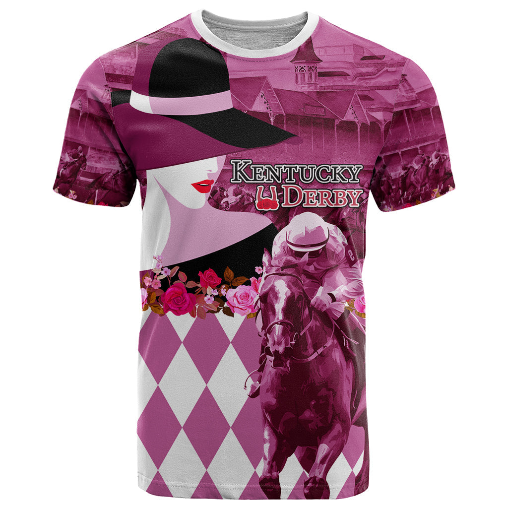 Kentucky Racing Horses Derby Hat Lady T-Shirt Churchill Downs and Roses Pink Out Graphic Tee
