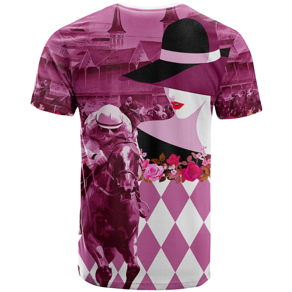 Kentucky Racing Horses Derby Hat Lady T-Shirt Churchill Downs and Roses Pink Out Graphic Tee