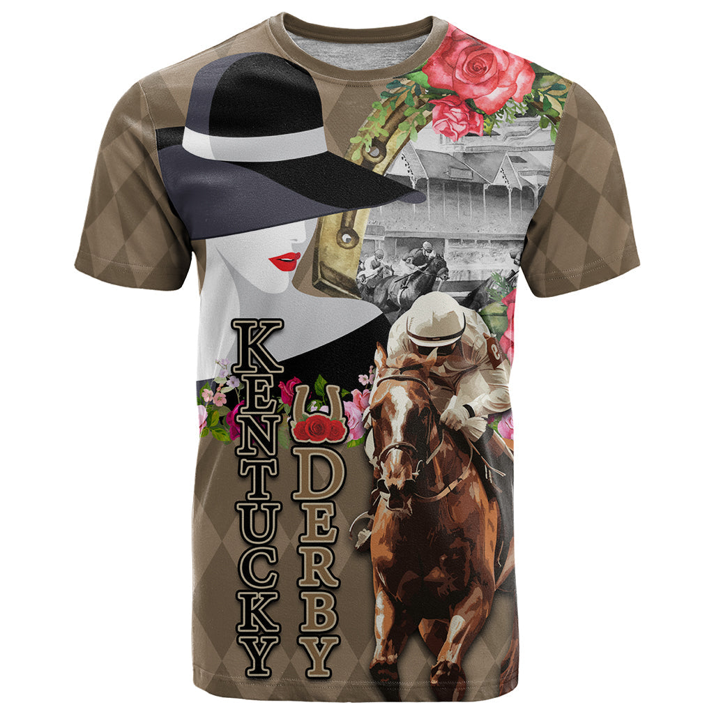 Kentucky Racing Horses Derby Hat Woman T-Shirt Churchill Downs and Shoehorse Roses Graphic Tee