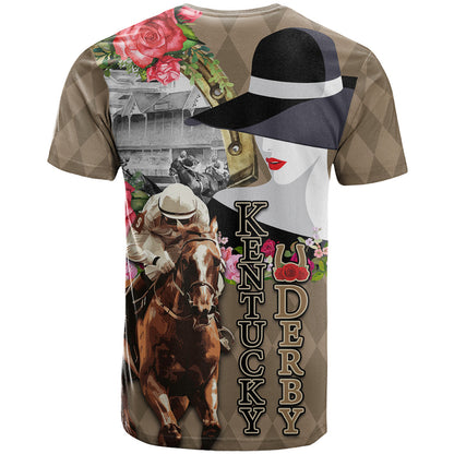 Kentucky Racing Horses Derby Hat Woman T-Shirt Churchill Downs and Shoehorse Roses Graphic Tee