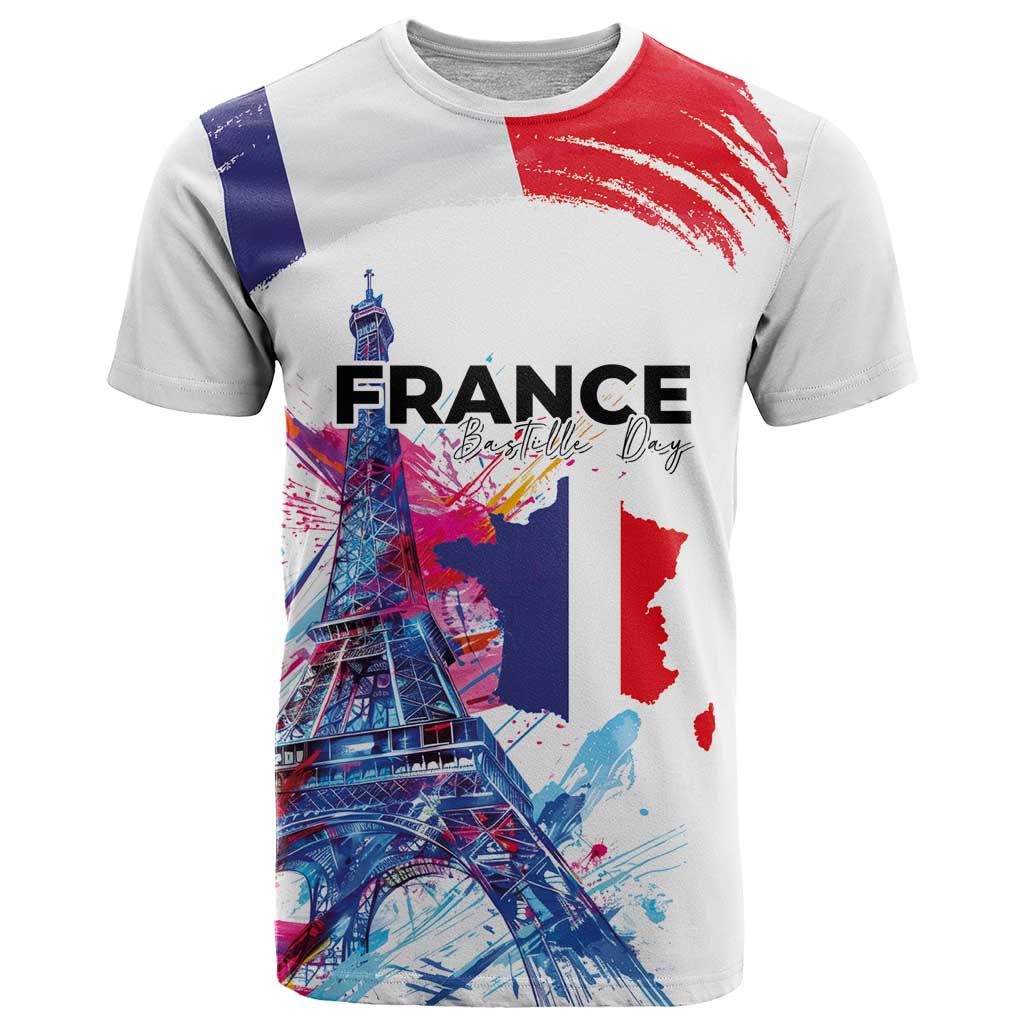 Bastille Day T-Shirt Eiffel Tower Brush Strokes Colorful with The Map Graphic Tee