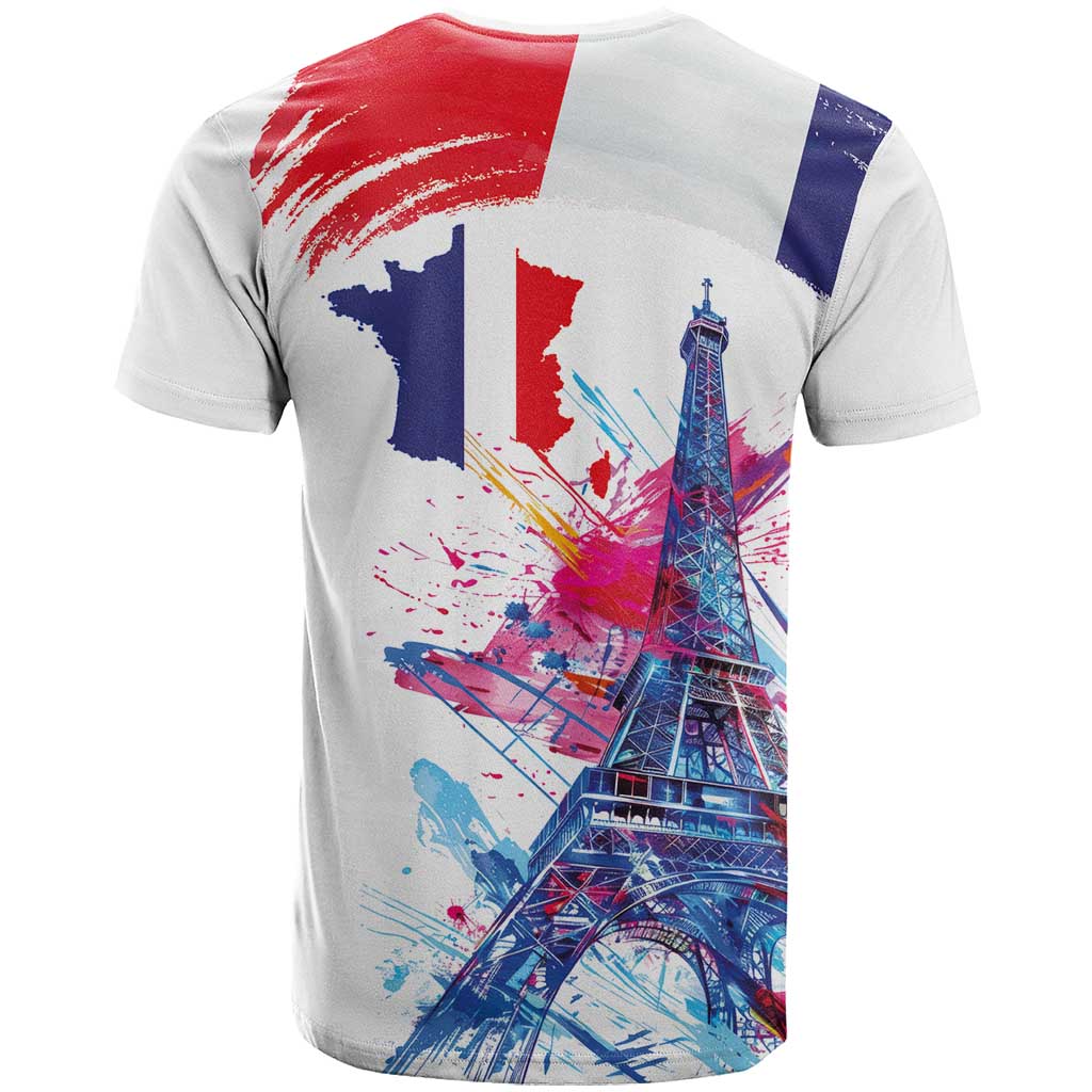 Bastille Day T-Shirt Eiffel Tower Brush Strokes Colorful with The Map Graphic Tee