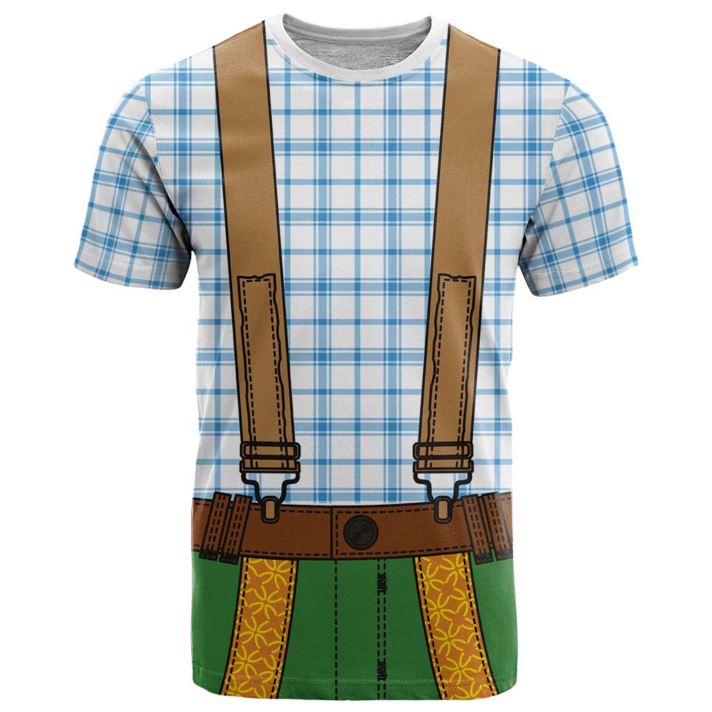 Bavarian Lederhosen Costume Style T-Shirt Blue Caro Pattern Graphic Tee