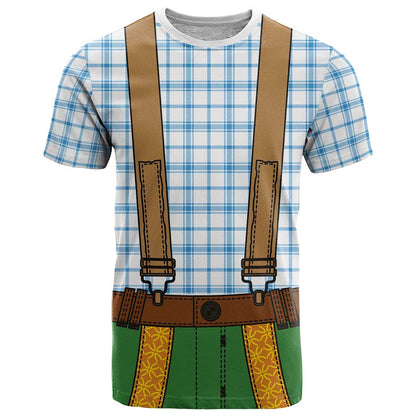 Bavarian Lederhosen Costume Style T-Shirt Blue Caro Pattern Graphic Tee